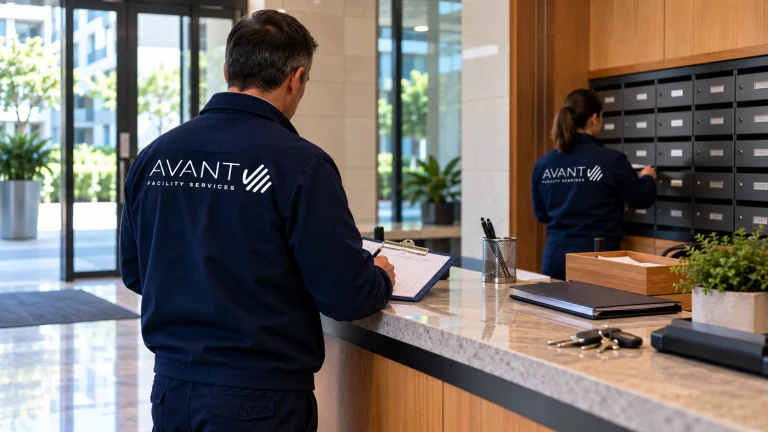 Suplencia de conserjería en Madrid: personal de AVANT Facility Services atendiendo el vestíbulo de un edificio