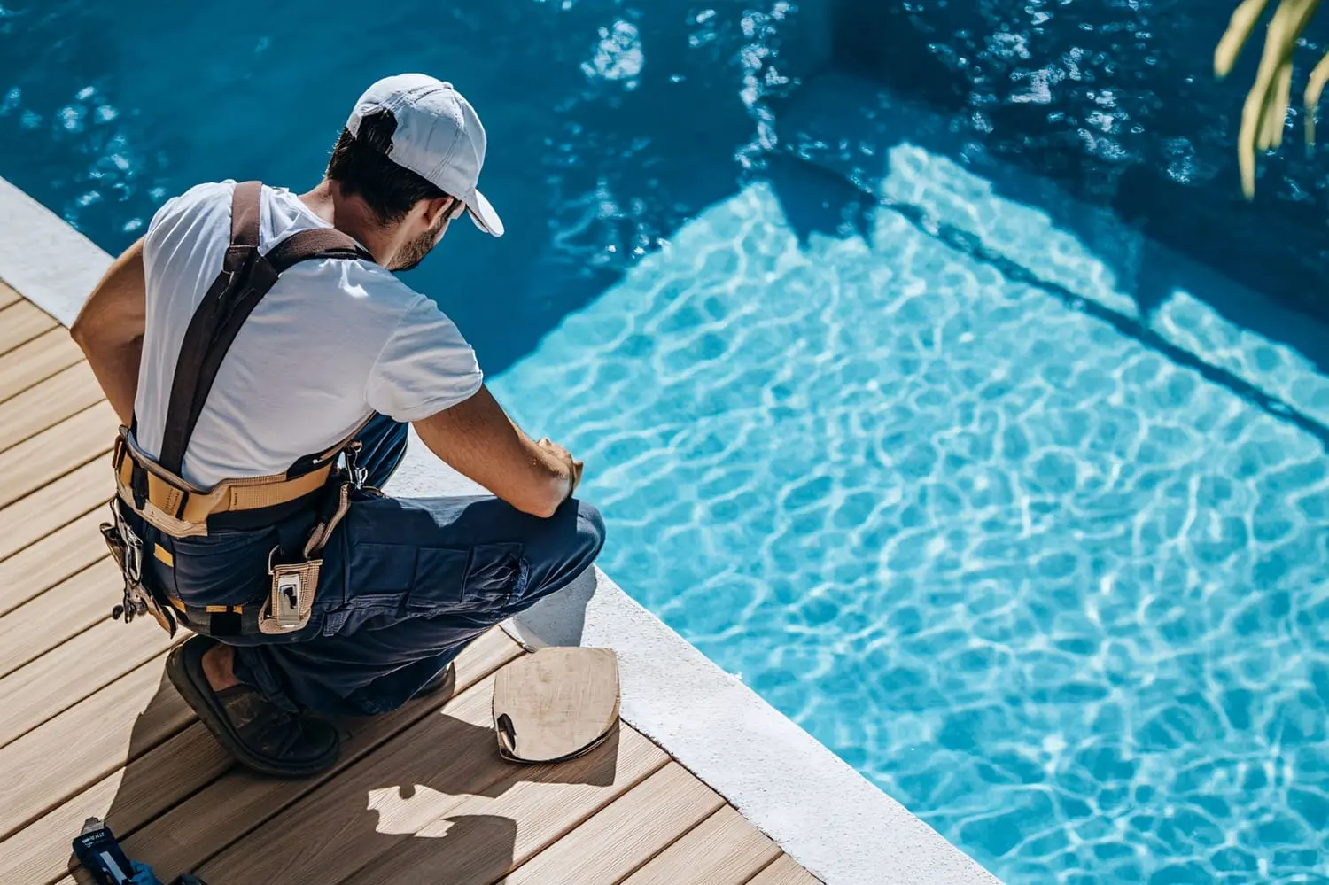 Técnico de mantenimiento revisando piscina comunitaria en Madrid, servicio AVANT Servicios