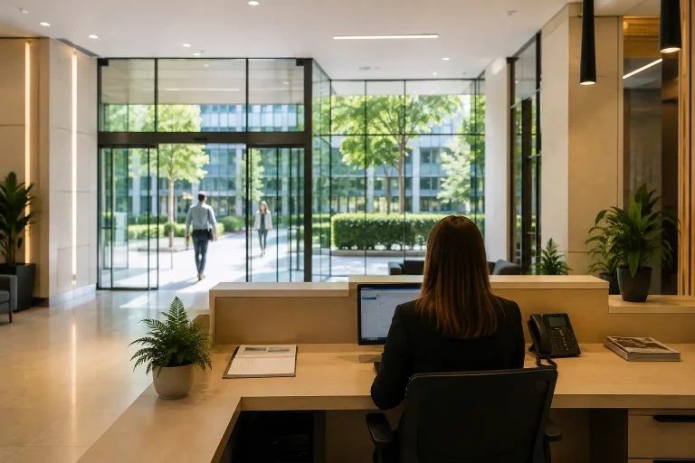 Recepcionista profesional atendiendo la entrada de un edificio de oficinas en Madrid