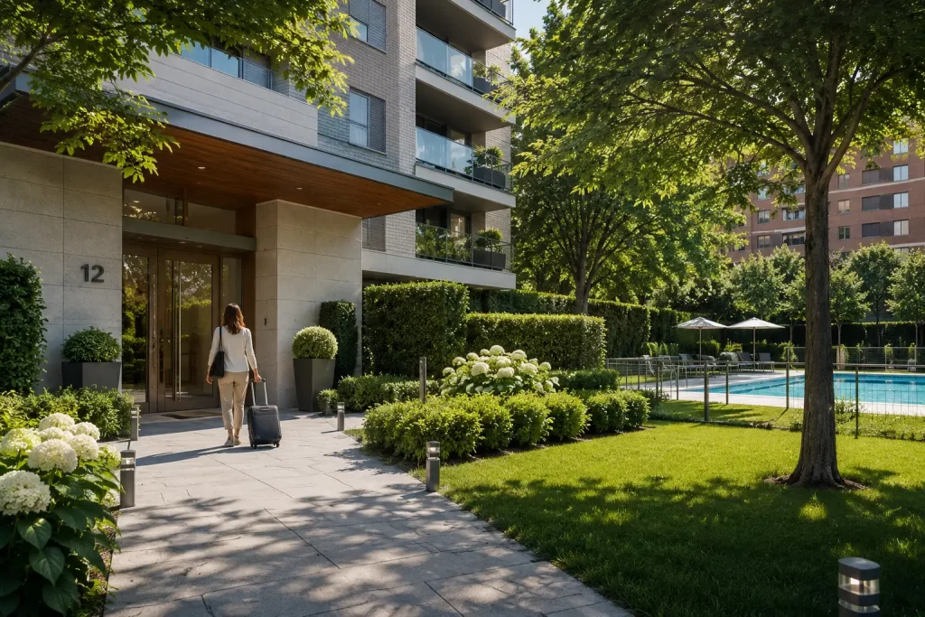 Comunidad de vecinos preparada para la vuelta de vacaciones con zonas comunes, jardines y piscina