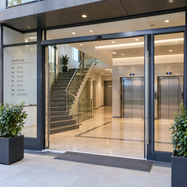 Entrada de edificio con ascensores y escalera de acceso a las oficinas