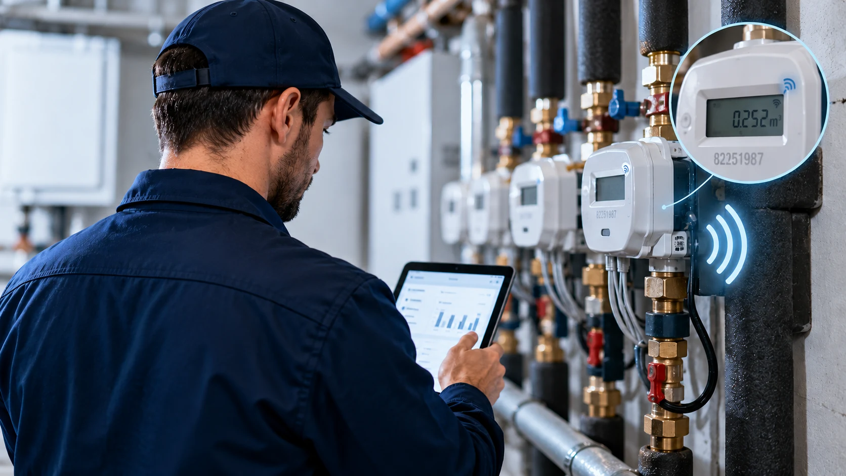Técnico revisando contadores de agua y calefacción con sistema de lectura remota