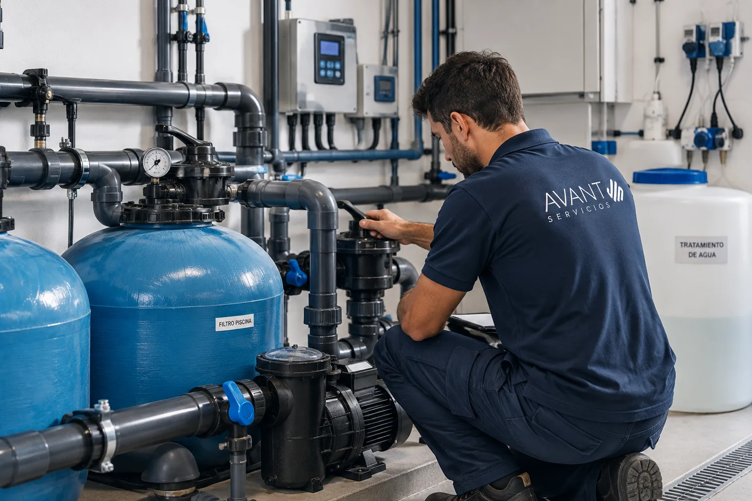 Técnico de AVANT revisando el sistema de filtración y bombeo de una piscina