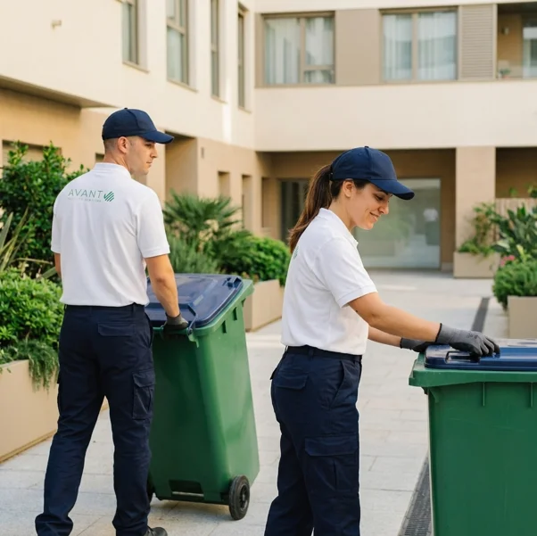 Dos operarios de AVANT sacando contenedores de basura en el patio de un edificio residencial