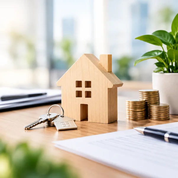 Maqueta de casa de madera con llaves, monedas y contrato, sobre la nueva ley de vivienda 2026